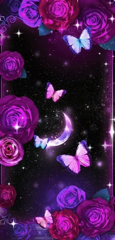 Purple rose and butterfly wallpaper with a cosmic night sky.