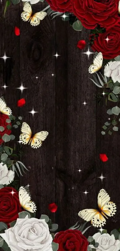 Elegant wallpaper with red roses and butterflies on dark wood.