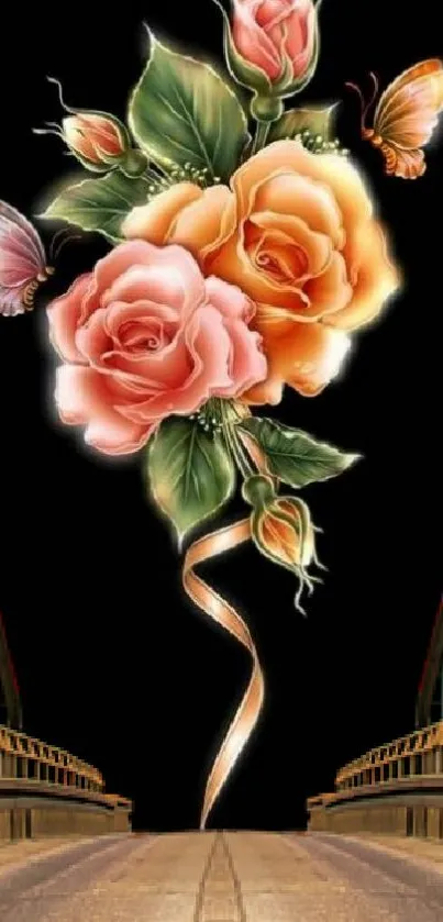 Elegant mobile wallpaper with roses and butterflies.