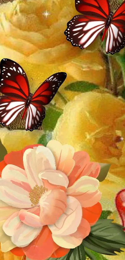 Yellow roses and butterflies mobile wallpaper.