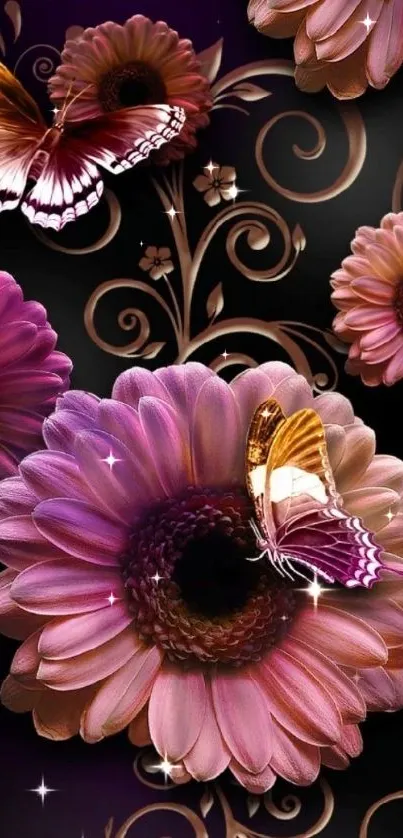 Colorful floral wallpaper with butterflies.