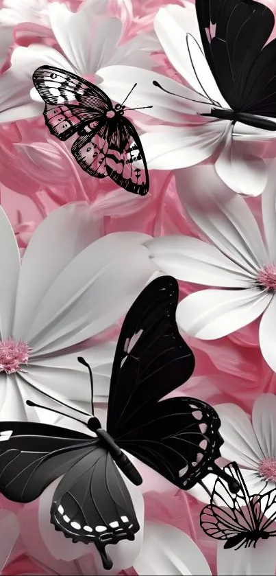 Elegant floral wallpaper with butterflies on pink background.