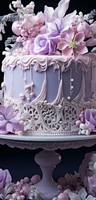 Elegant purple floral cake wallpaper with detailed icing and flowers.