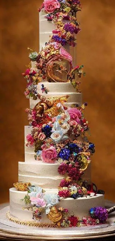 Elegant floral cake with intricate details on a luxurious background.