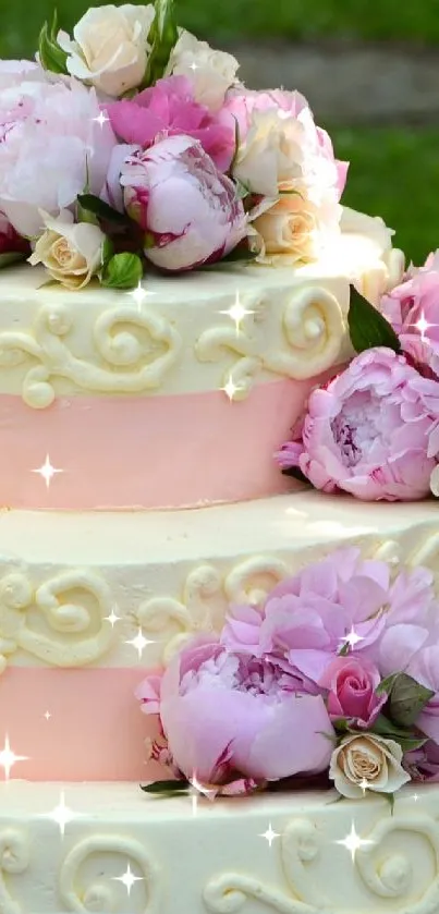 Three-tier wedding cake with pink and white floral decorations.