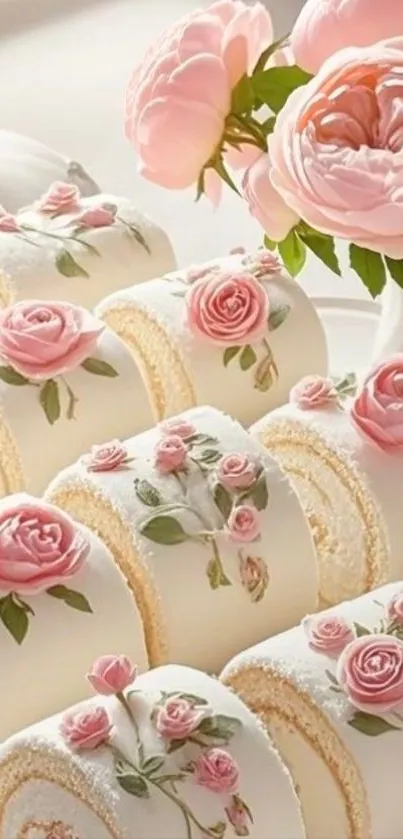 Elegant floral cake rolls with pink roses