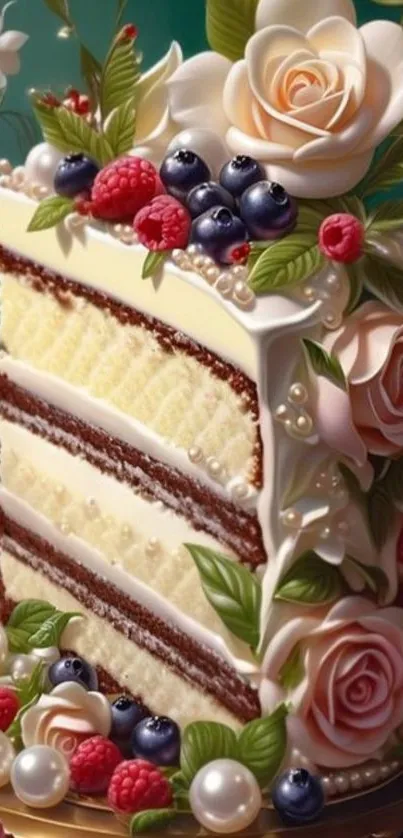 Elegant floral cake slice with roses, pearls, and berries.