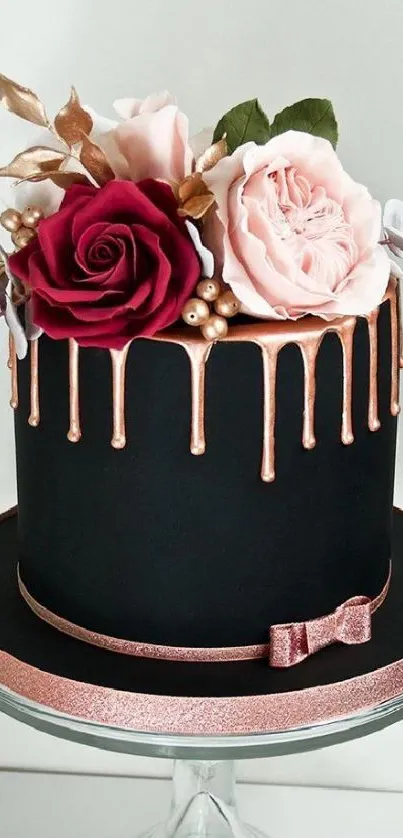 Elegant black cake with flowers in wallpaper.