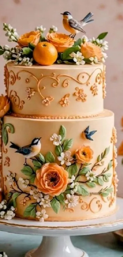 Two-tier floral cake with birds and vibrant roses.