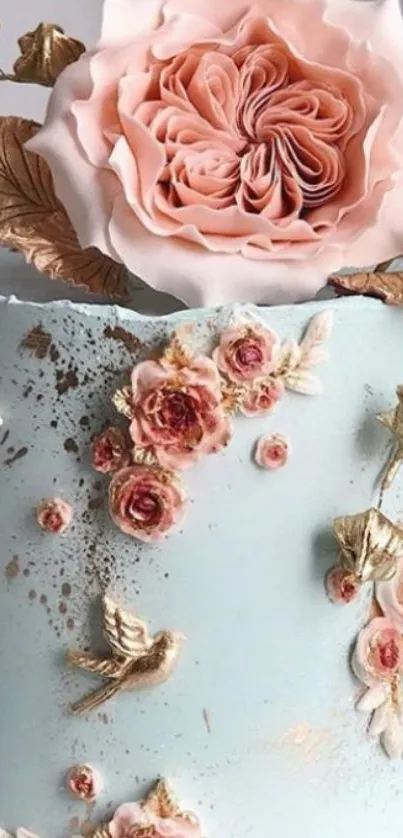 Elegant pastel blue cake with floral decorations.