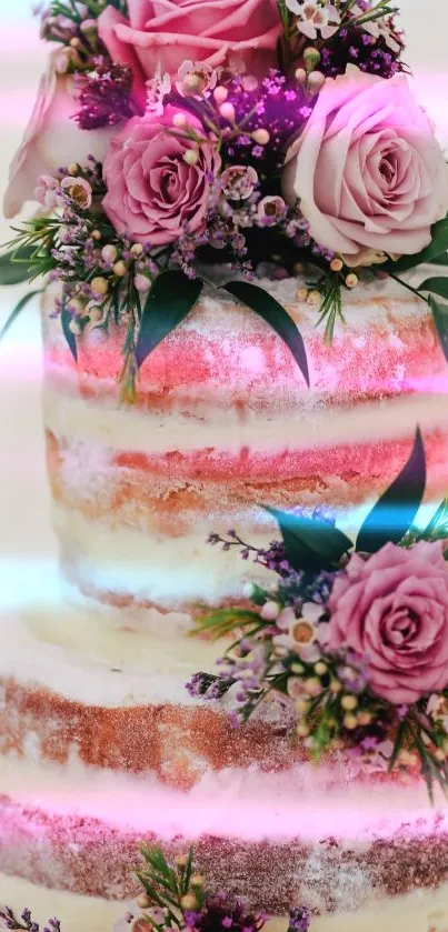 Naked cake adorned with pink roses and greenery in a pastel theme.