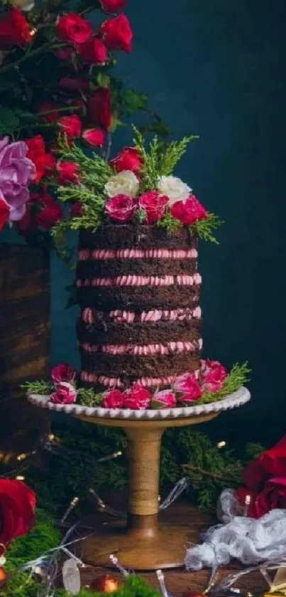 Chocolate cake with roses on a wooden stand, set against a dark floral background.