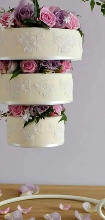 Three-tiered pastel floral cake wallpaper.