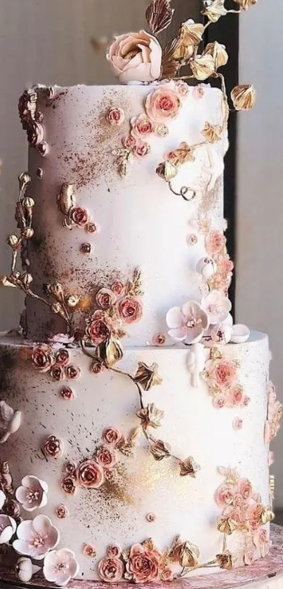 Pink floral cake with elegant decorations, perfect phone wallpaper.