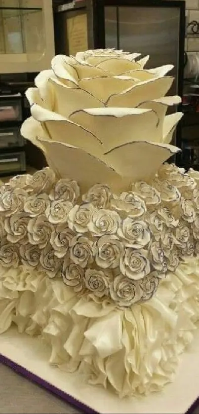 Elegant cream floral cake with intricate rose petal design.