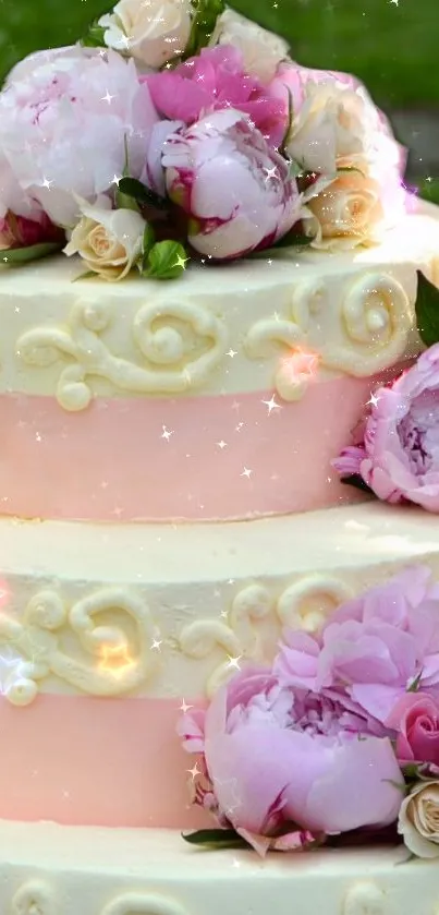 Three-tier floral cake with pink peonies and elegant icing decoration.