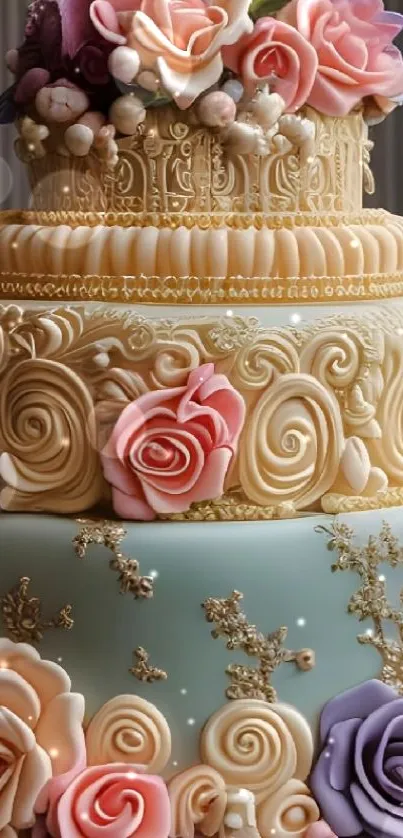 Decorative floral cake with elegant pastel roses.