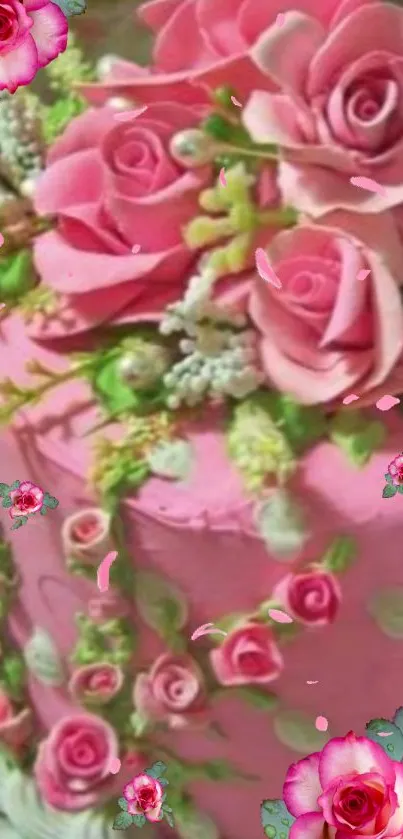 Pink floral cake with elegant roses wallpaper.
