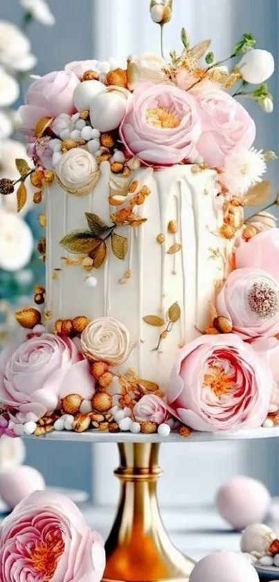 Elegant floral cake with pink roses and detailed decorations, perfect for wallpaper.