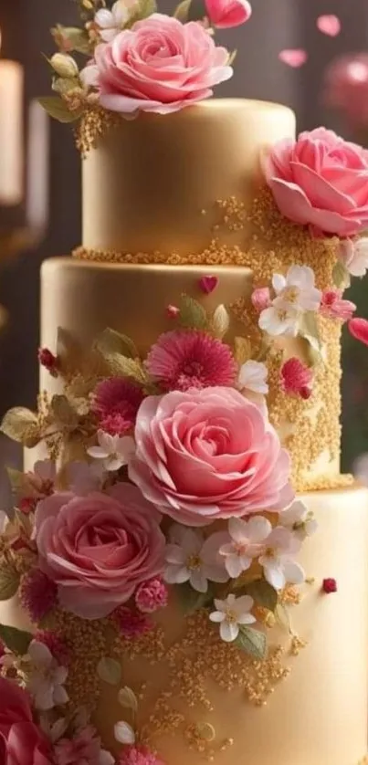 Three-tier cake with roses and floral decorations.
