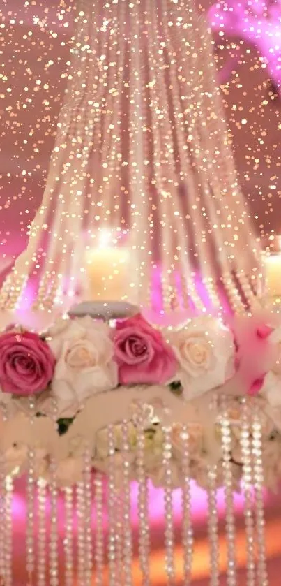 Mobile wallpaper of a floral chandelier with candles and pink roses.