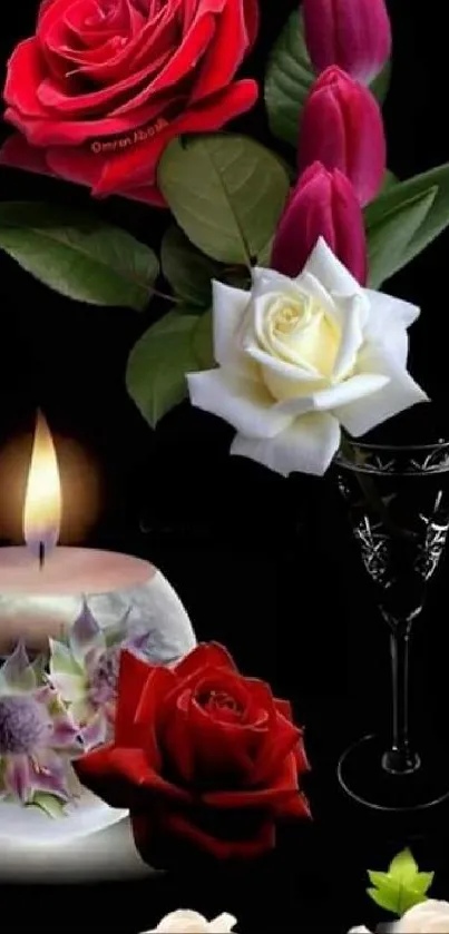 Elegant wallpaper with roses, tulips, and candle.