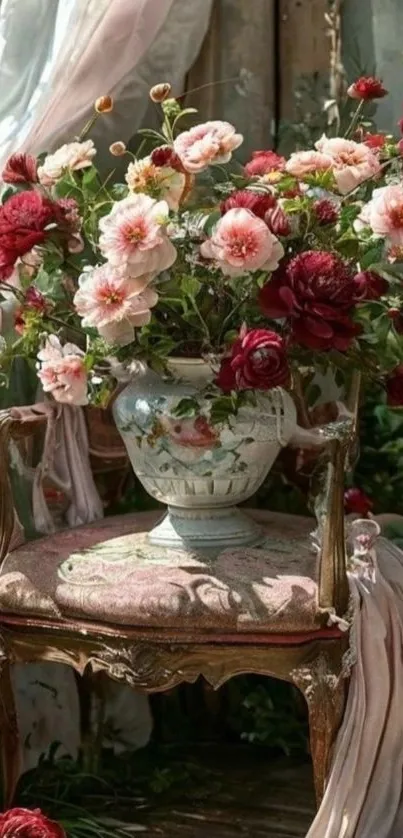 Vintage chair with bouquet of roses in a decorative vase.