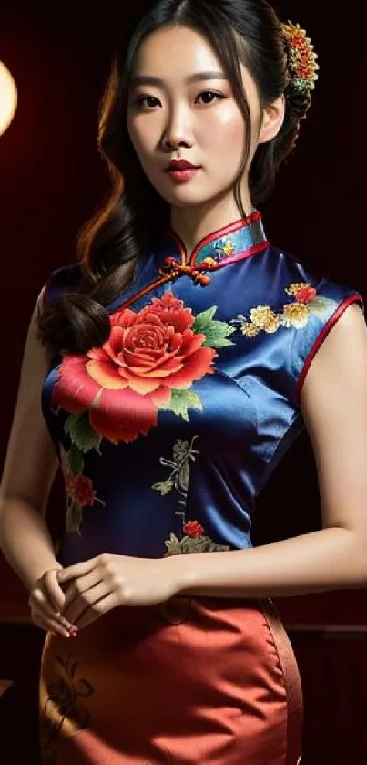 Elegant woman in floral cheongsam with dark blue color theme.