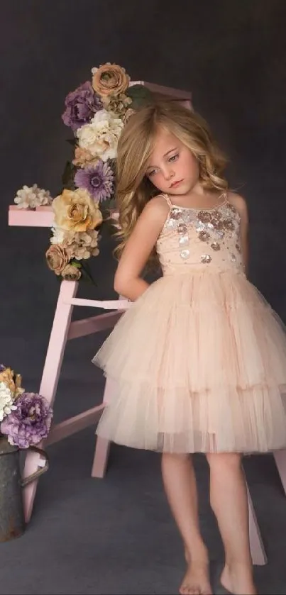 Young girl in pastel dress, floral backdrop.