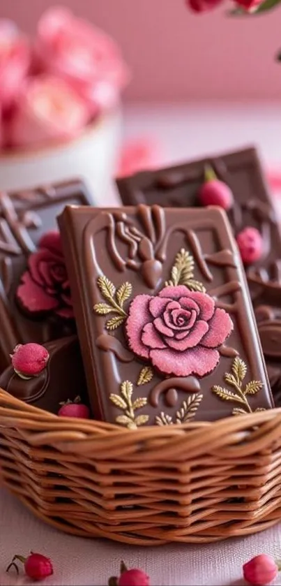 Chocolate bars with pink floral design in a basket.