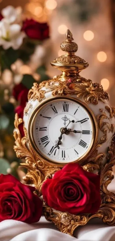 Antique clock with red roses and bokeh lights.