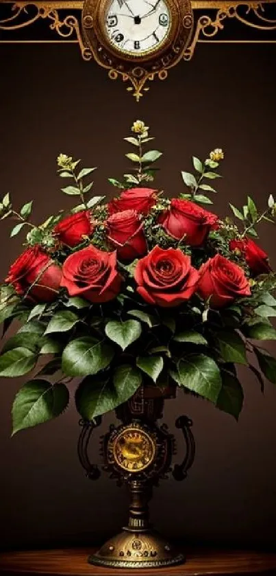 Vintage clock with red rose bouquet wallpaper.
