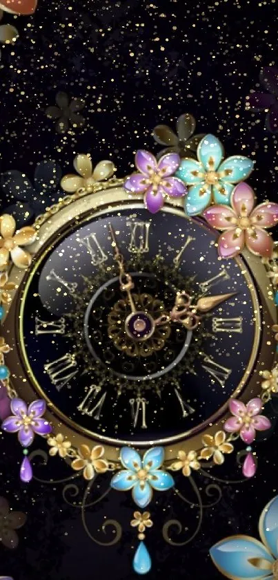 Elegant floral clock design with golden accents and colorful flowers.