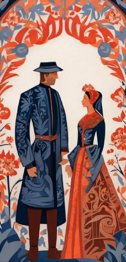 Elegant wallpaper with a floral-themed couple in blue and orange attire.