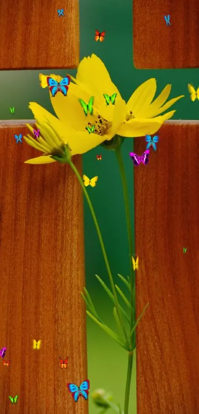 Yellow flowers tucked into a wooden cross design.