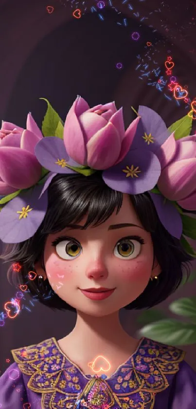 Elegant animated character with floral crown and purple dress.