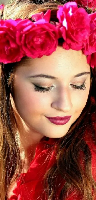 Woman wearing a vibrant pink rose crown, smiling softly.