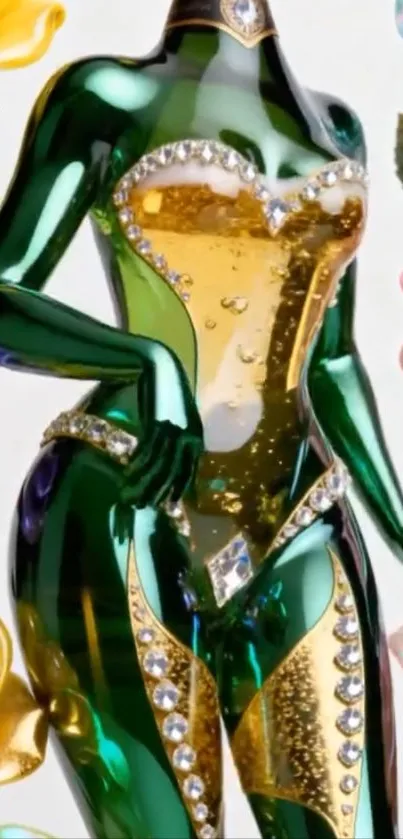 Elegant crystal art with floral design and green accents.