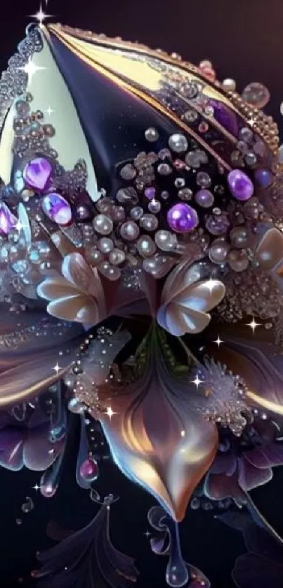 Elegant floral design with crystals in dark purple and silver tones.