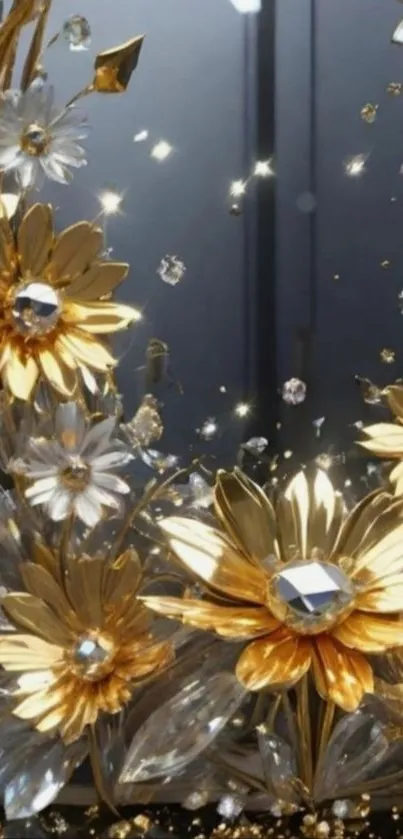 Elegant golden flowers with crystals sparkle.
