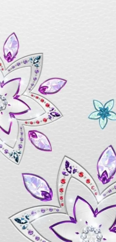 Elegant floral crystal wallpaper with intricate purple and red design on white.