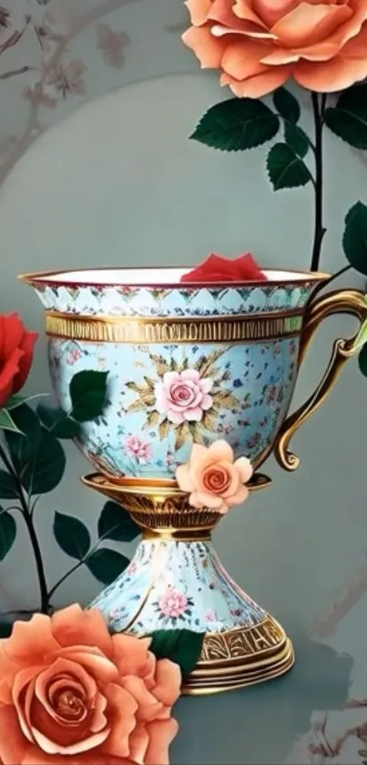 Elegant vintage cup with colorful roses.