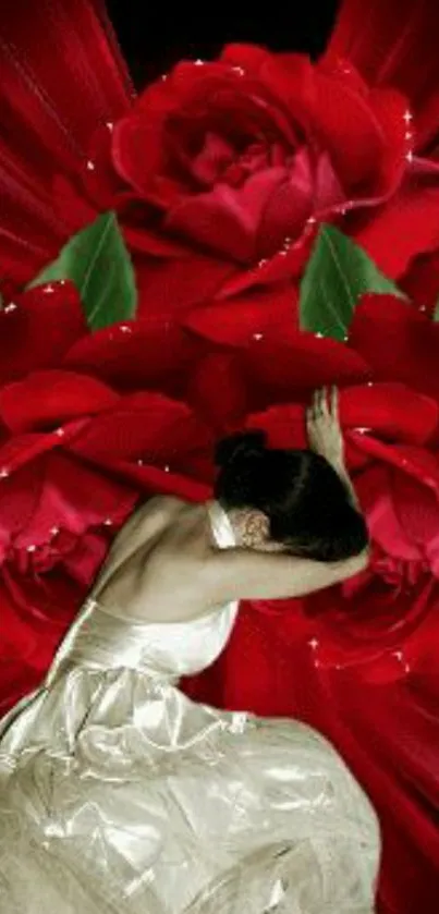 A dancer in white with vibrant red roses background.