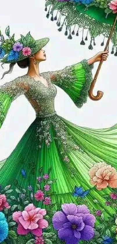 Elegant floral dance art wallpaper with vibrant green dress.