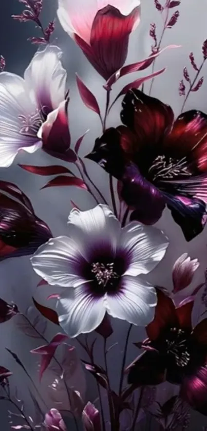 Dark-themed floral wallpaper with burgundy and white blossoms