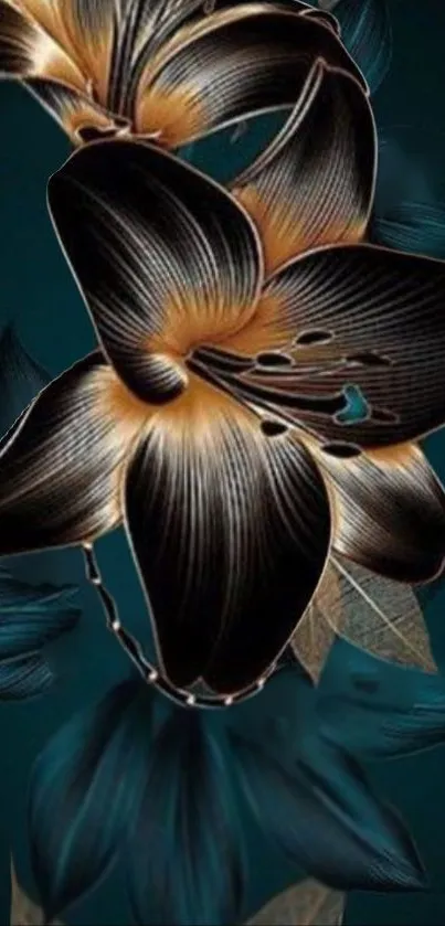 Black and gold flower on teal background wallpaper.