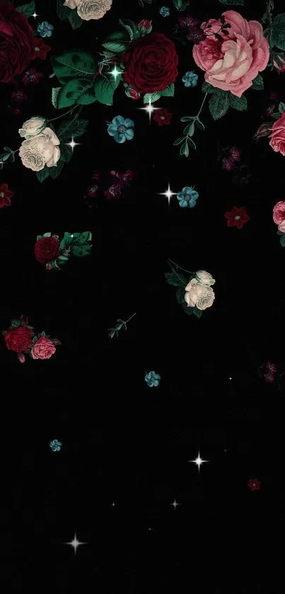 Elegant dark floral wallpaper with roses on black background.