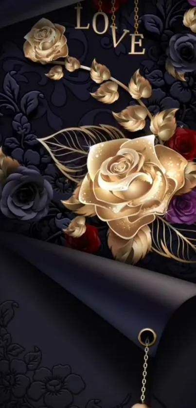 Luxurious dark wallpaper with golden roses and intricate floral designs.