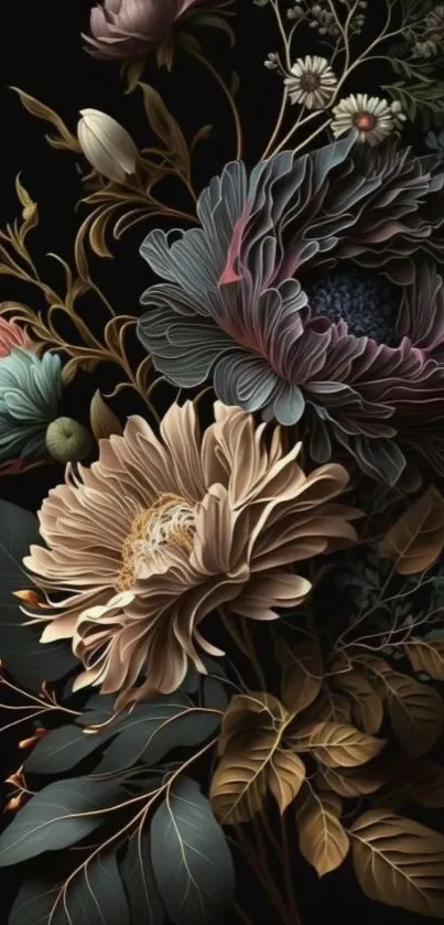 Elegant dark floral wallpaper with detailed vibrant blooms on black background.