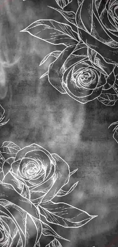 Elegantly designed black wallpaper with white floral rose outlines.